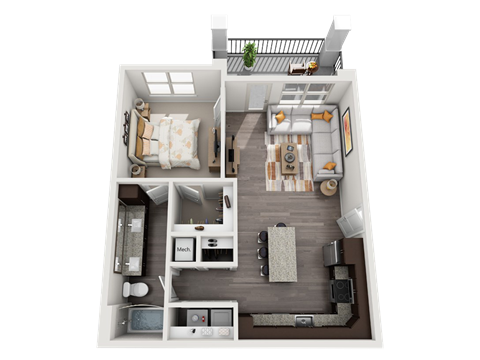 Floor plan for 1 bed, 1 bath, 762 sqft